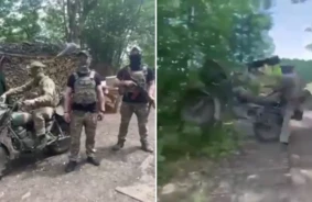 Absurda ironija frontē: okupants ar jaunu motociklu gāžas, kliedzot 'Uzvara būs mūsu!'