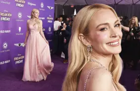 Lindsija Loena staro rozā "Miu Miu" princeses tērpā filmas "Freakier Friday" pirmizrādē