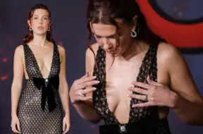 Millija Bobija Brauna pirmizrādē žilbina ar drosmīgu dekoltē un jaunu, pārliecinātu imidžu